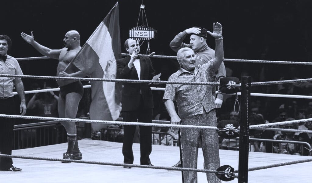 Iron Sheik, Nikolai Volkoff, and Freddie Blassie - WrestleMania 1